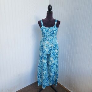 Japna Wide Leg Smocked Blue White Jumpsuit Linen Rayon Adjustable Strap XS